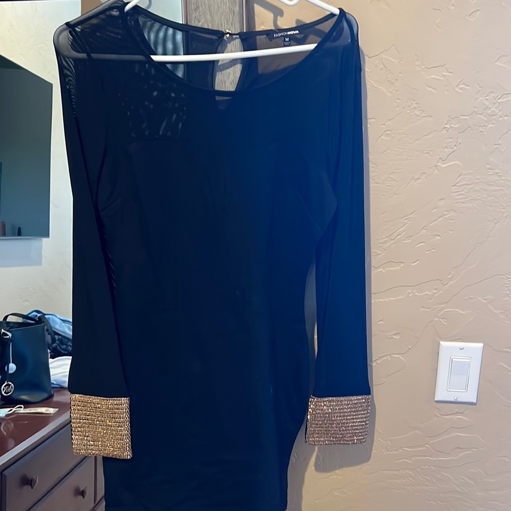 Black Mesh / Fabric Dress. With Gold Beaded Cuffs
